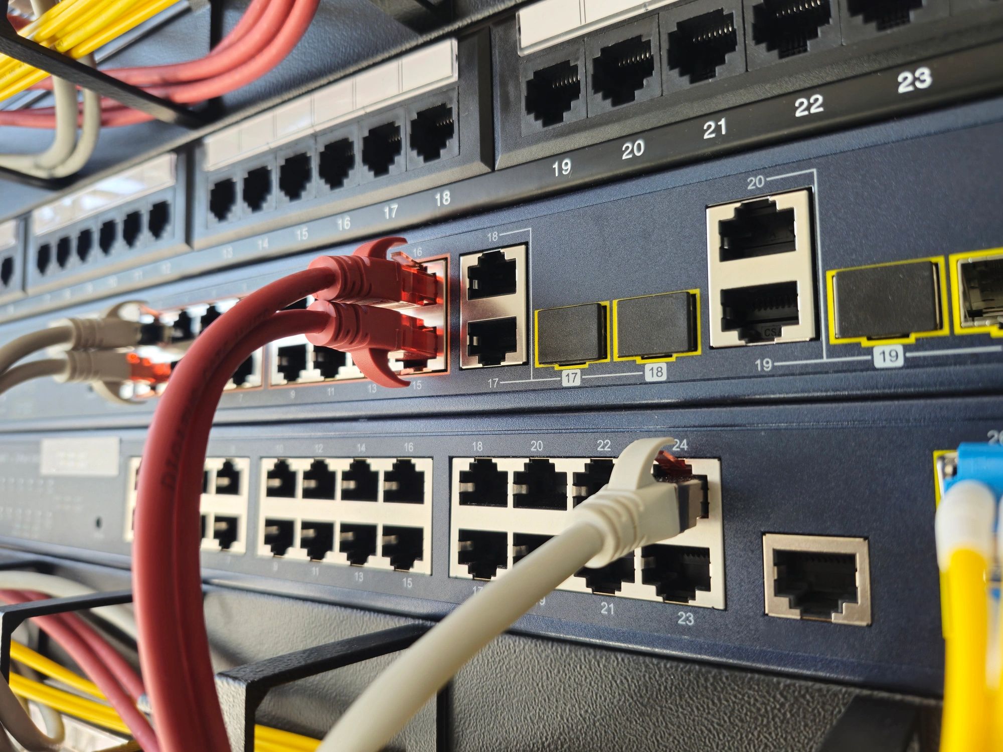 Network switch and Ethernet cables in a data center